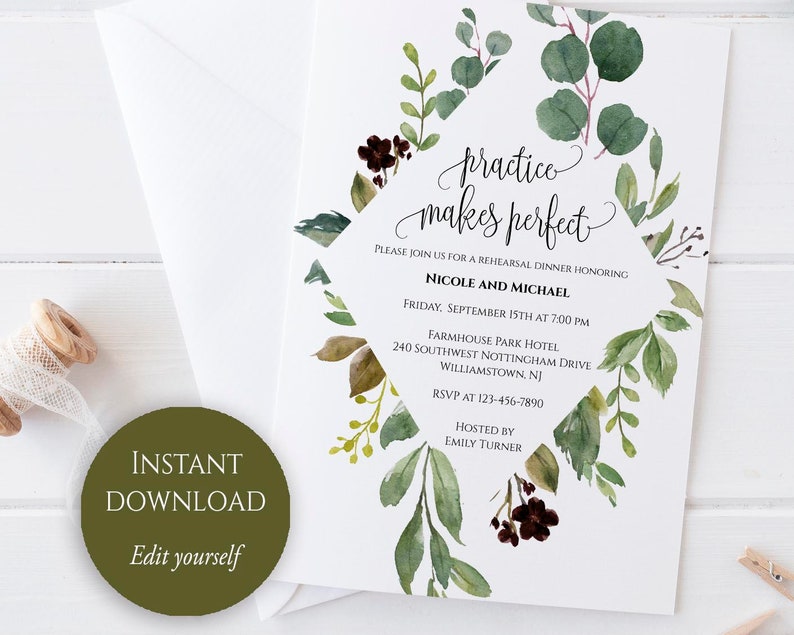 Wedding Rehearsal Dinner Invitation Printable Rehearsal Dinner Invite Greenery Editable PDF Practice Makes Perfect DIY Rehearsal Dinner