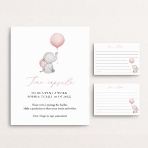 Letrero y tarjetas de cápsula del tiempo para baby shower de niña, cápsula del tiempo para el primer cumpleaños, plantilla de cápsula del tiempo con globos de elefante, deseos para bebés, Templett C72