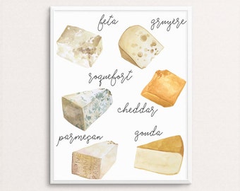 Cheese Varieties, Watercolor Cheese Print, Cheese Illustration, Kitchen Art, Food Poster, Cheese  Prints, Cheese  Printable, Dining Room Art