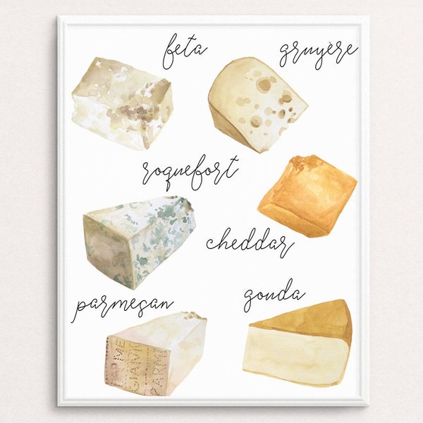 Cheese Varieties, Watercolor Cheese Print, Cheese Illustration, Kitchen Art, Food Poster, Cheese  Prints, Cheese  Printable, Dining Room Art