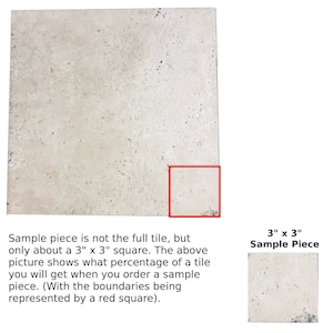 May include: A close-up of a beige travertine tile sample. The sample is 3 inches by 3 inches and is surrounded by a red square.
