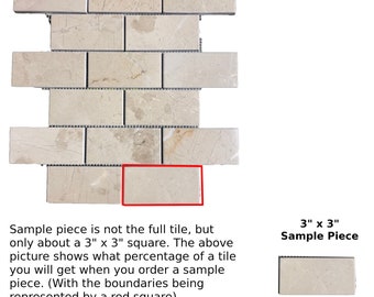 May include: A sample piece of beige marble tile, measuring 3 inches by 3 inches, is shown in a red square. The sample piece is part of a larger mosaic pattern of beige marble tiles.