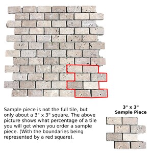 May include: A sample piece of travertine tile, measuring 3 inches by 3 inches, is shown in a red square. The sample piece is a portion of a larger tile, which is made up of a mosaic of smaller rectangular tiles. The larger tile is made of a light beige travertine stone.