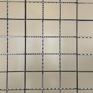 May include: Close-up of a grid of beige square tiles with black grout lines. The tiles are arranged in a repeating pattern, creating a textured surface. The tiles are likely for a backsplash or flooring.