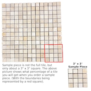 May include: A close-up of a sample piece of beige marble tile. The sample piece is 3 inches by 3 inches and is surrounded by a red square. The text "3" x 3" Sample Piece" is below the sample piece.