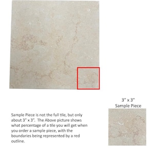 May include: A square, beige tile sample, approximately 3 x 3 inches, with a red outline highlighting the sample area. The tile has a mottled pattern. Text on the image explains the sample size.