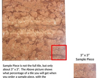 May include: A close-up of a sample piece of red marble tile, measuring 3 inches by 3 inches. The tile has a natural, veined pattern. The sample piece is outlined in red.
