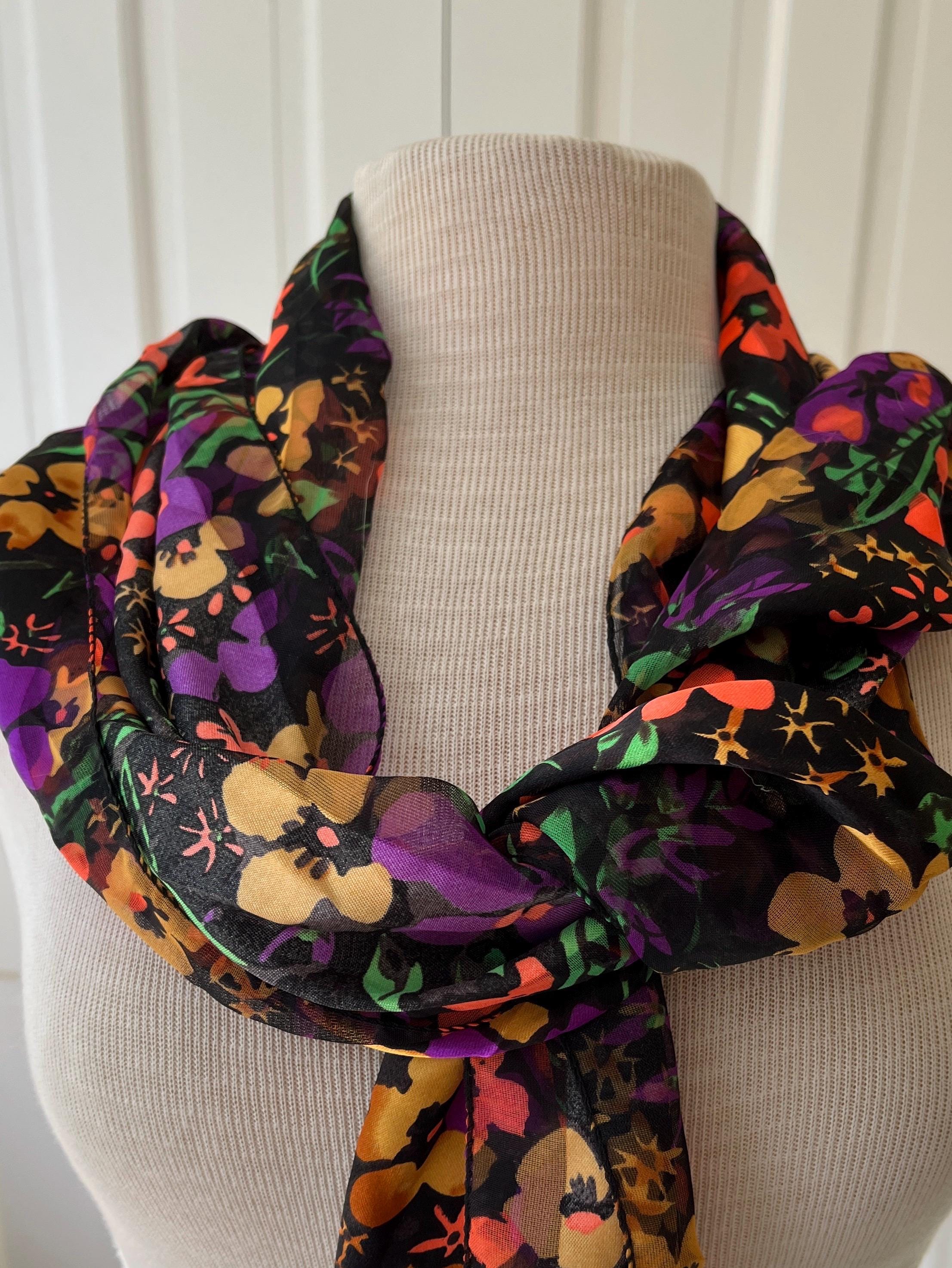 Silk Scarf Vintage Long 14 X 60 Inches Hand Stitched Hem Floral