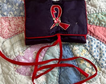 Vintage Sewing Pouch Travel Sewing Kit Silk Sewing Notions Folding Holder Vtg measuring Tape in Case
