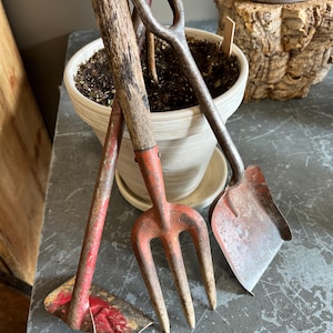 Child’s Set of 3 Metal Garden Tools Vintage Fork Hoe Shovel 12 inches patina