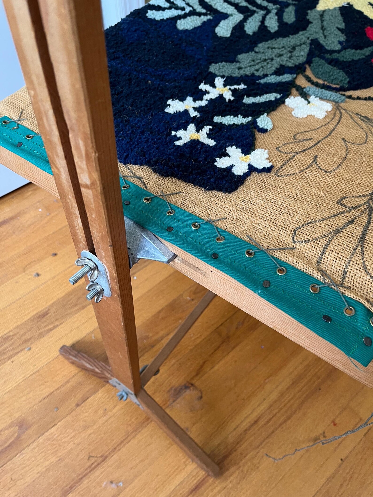 Bliss Adjustable Rug Hooking Frame With Partially Hooked Floral Rug ...