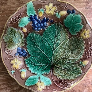 Antique English Porcelain Majoluca Grape Leaf Plate Grapeleaf and Strawberries Motif 1880’s