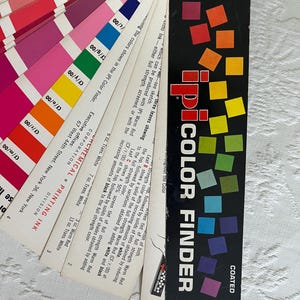 Peut inclure: Un guide de couleurs vintage IPI Color Finder avec un nuancier noir et blanc. Le guide pr&eacute;sente un nuancier en &eacute;ventail avec une vari&eacute;t&eacute; de nuances de rouge, &eacute;tiquet&eacute;es avec des codes de couleurs et des descriptions. Le guide est intitul&eacute; "IPI Color Finder" et "Coated".