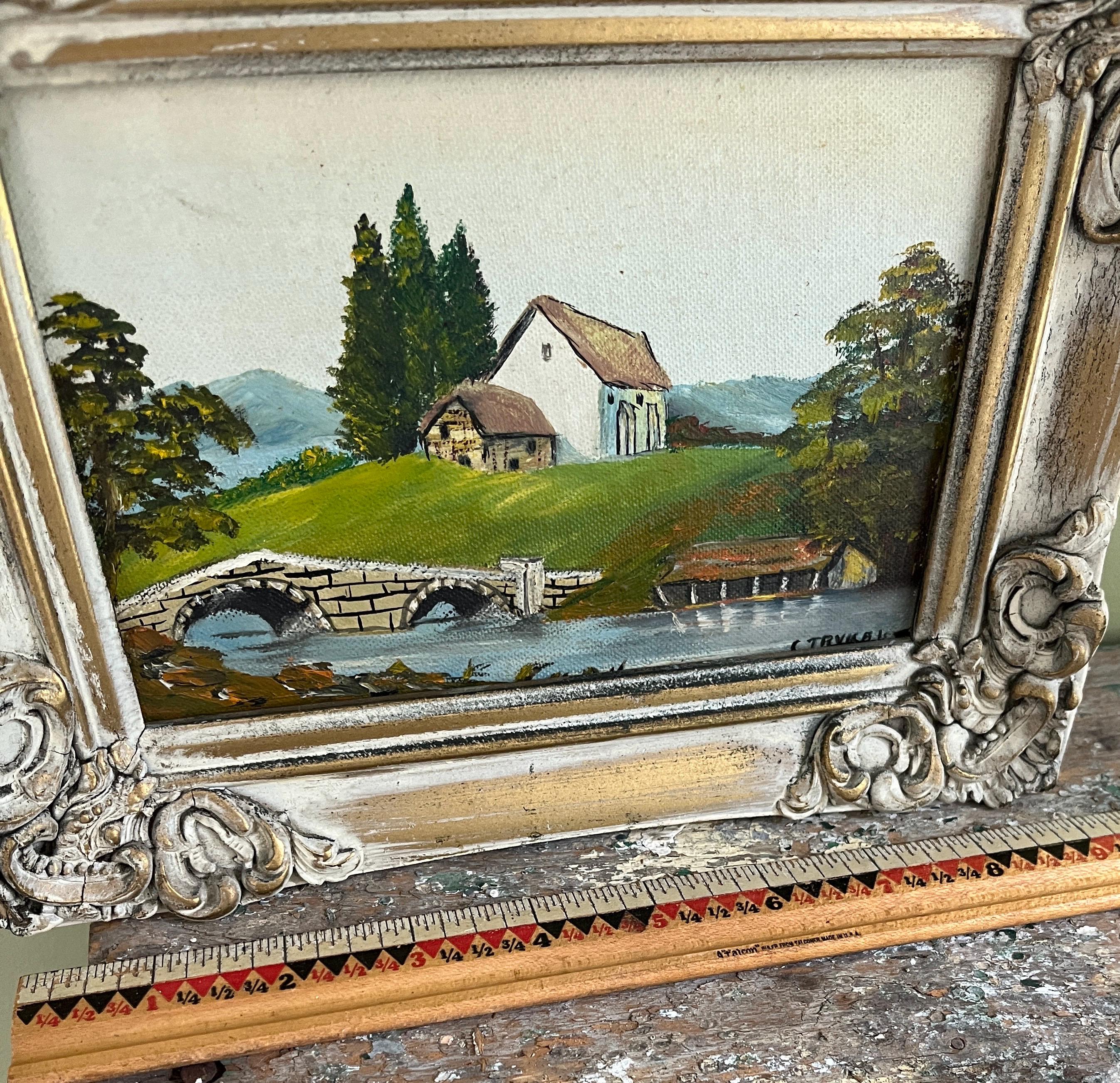 田舎の風景　　油絵 額入りアンティーク 1900年代初頭の風景画 田舎の風景 油絵 サイン入り