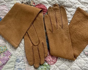 vintage Gants d'opéra pour dames qui déjeunent en cuir véritable de pécari et de porc beige Taille 7