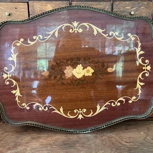 ITALIAN HANDCRAFTED MARQUETRY Inlay Wood Floral Design Lacquered Serving Tray Brass Rail Trim And Curved Handles~ Mid Century Modern Vintage