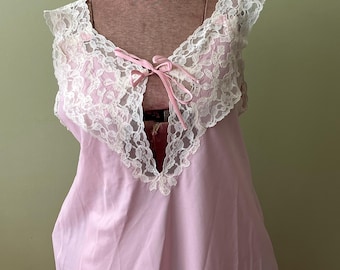 Vintage 60’s Sweet Pink Long Lingerie Nightgown Silky with Lace Trim