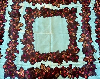 Bufanda de lana vintage Perry Ellis Square turquesa con hojas y frutas, estilo shabby chic Y2K.