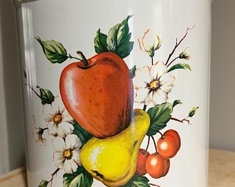 Vintage Decoware Canister Pristine Metal Kitchen Container Fruit Motif Retri Kutchen Decor 1950’s Tin