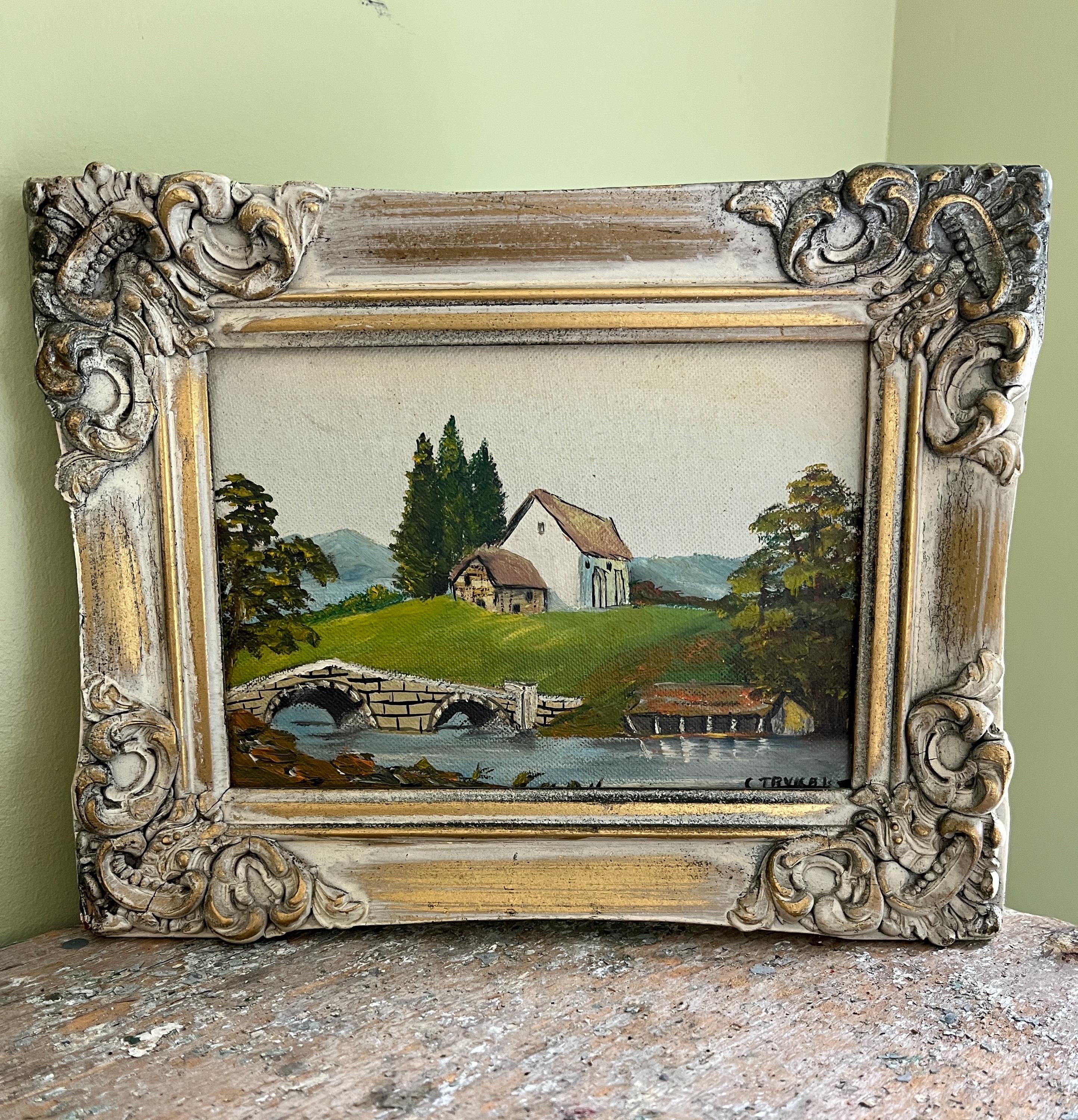 額入りアンティーク 1900年代初頭の風景画 田舎の風景 油絵 サイン入り