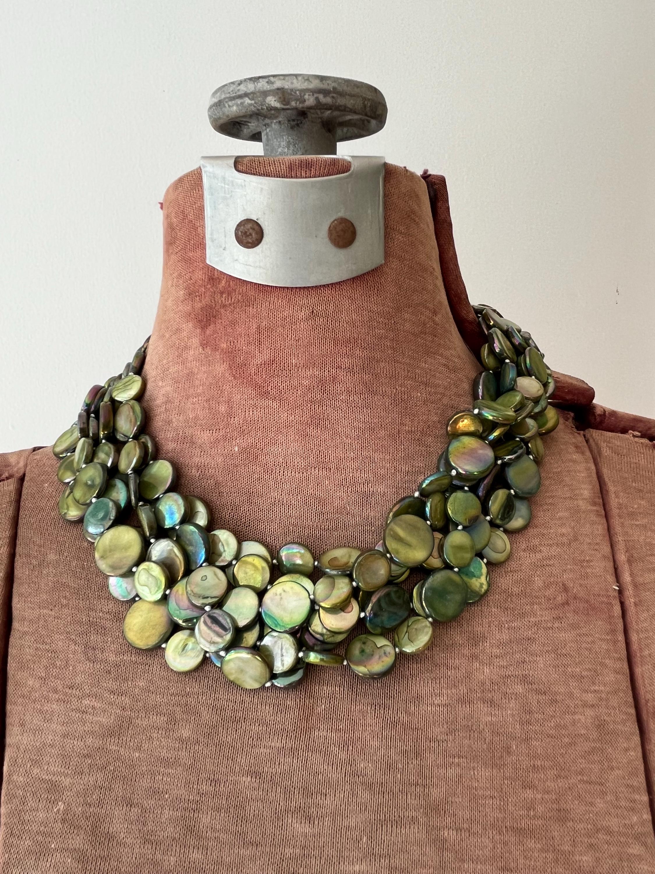 Vintage Green Mother of Pearl Necklace Sea Lily Choaker 6 Strand