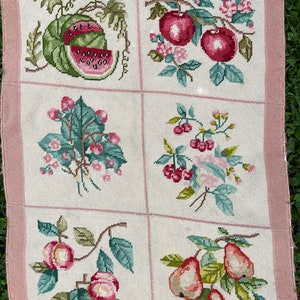 Vintage Needlepoint Rug Handmade Botanical Fruit Pattern Throw Rug Mat