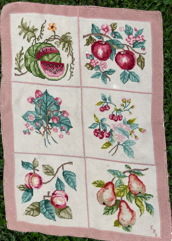 Vintage Needlepoint Rug Handmade Botanical Fruit Pattern Throw Rug Bath mat Hand Crafted Retro Country Kitchen Decor