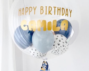 Ballon Bluey gonflé à l'hélium | Ballon bulle transparent | Créer son propre thème | Ballon d'anniversaire à l'hélium | Décoration de fête bleue |