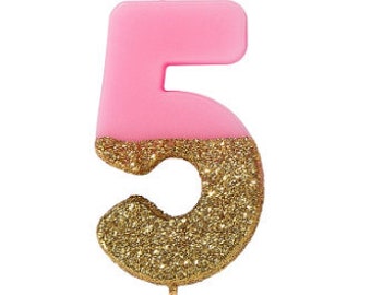 5th Birthday Cake Candle in Pink and Gold Glitter/Five/Number 5 /Age 5/Birthday Candle/ FiveYears old/ Cake Decorations/ Party Decoration