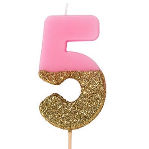 5th Birthday Cake Candle in Pink and Gold Glitter/Five/Number 5 /Age 5/Birthday Candle/ FiveYears old/ Cake Decorations/ Party Decoration