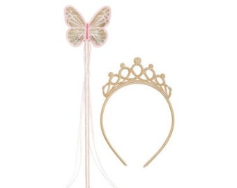 Gold Glitter Fairy Butterfly Wand & Tiara. Princess Party Outfit. Fancy Dress Pink and Gold.Birthday Girl Party Decoration.Party Crown.Wand