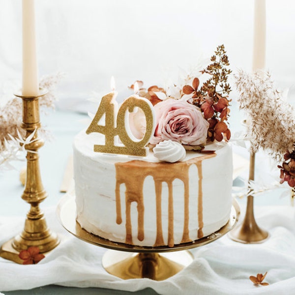 Bougie du 40e anniversaire | Paillettes d’or | Anniversaire marquant | Décoration de gâteau | Décoration d’anniversaire | Décoration de fête | 30 | 40 | 50 |60 ans
