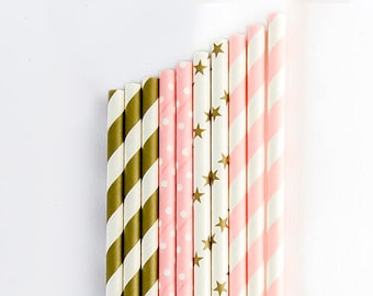 Pink & Gold Straws, Party Straws, Birthday Straws,Stars and stripes Pink and gold Party, Baby Shower,Anniversary,Pink and Gold Paper Straws,