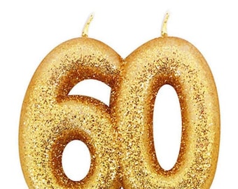 60th Birthday Candle |Gold Glitter |Milestone Birthday |Cake Decoration |Birthday Decoration | Party Decoration | 30 | 40 | 50 |60 Years old