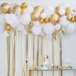 Balloon and Fan Garland Birthday Back Drop Kit| Gold and White|Balloons |Honeycombs|Fans|Tassel|Photo| Banner|Garland|Centerpiece|Party