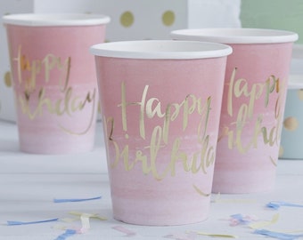 Gold Foiled Pink Ombre Happy Birthday Paper Cups // Party Decoration // Tableware