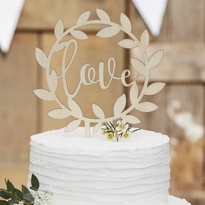 Love Wedding Cake topper. Wooden cake topper. Wood. Round decorative cake topper. Botanical wedding. Cade Decoration. Wedding decor image 1