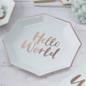May include: A light blue paper party plate with a gold foil inscription that reads "Hello World".