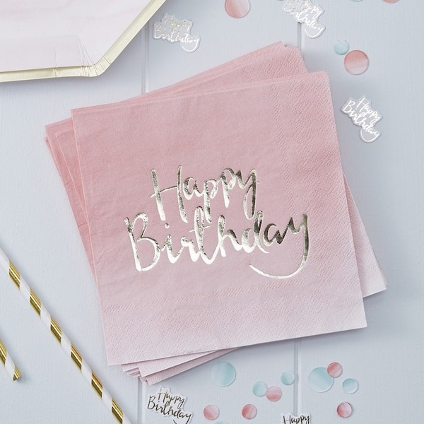 HAPPY BIRTHDAY PAPER Napkins // Gold foiled Pink Ombre // Tableware // Party Decoration