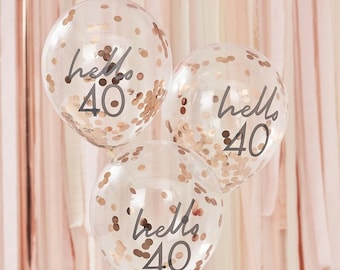40th Birthday Balloons/Milestone/Hello 40/Forty/Decorations/Tableware /Rose Gold /Pack 5/Birthday Party/Happy 40th/ Confetti Balloons