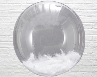 White Feather Orb Balloon: Custom Text, Wedding Birthday Decor