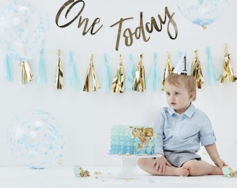 First Birthday Party Decorations Kit. One year old boy. Birthday boy. Cake Smash. Tassel Garland, balloons, bunting and hat. 1 year old.