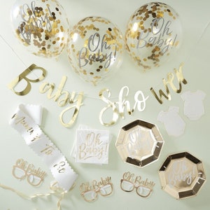 Babyshowerfeest in een doos // OH Baby // Feestdecoratie wit-goudfolie / Servies // Baby / Ballonnen /Servetten // Borden / Advieskaarten
