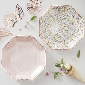 Rose Gold Foiled Floral Paper Plate// Party Plates // Polka Dot // Ditsy Floral // First Birthday //Tableware //Party Supplies //Party Table image 1