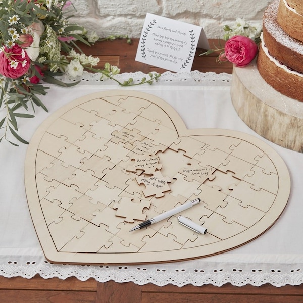 Libro de visitas con rompecabezas de corazón de madera: rompecabezas con mensaje de boda único