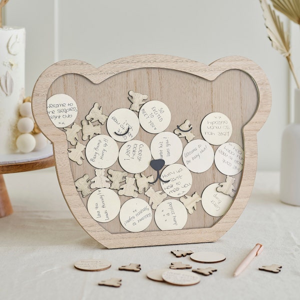 Cadeau livre d'or pour baby shower en bois nounours en bois | Livre d'or alternatif | Décoration de fête pour baby shower | Message d'invité pour baby shower | nouvelle maman | bébé garçon fille