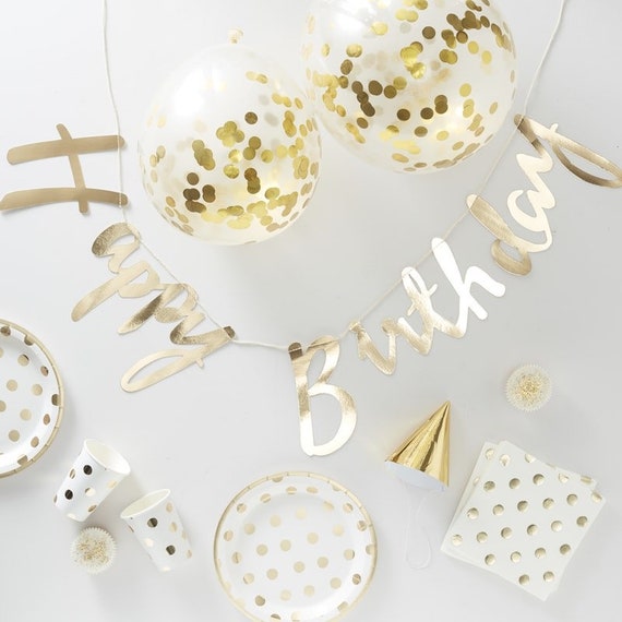 Gold Foil Dot Birthday Party Pack: Plates, Cups, Balloons