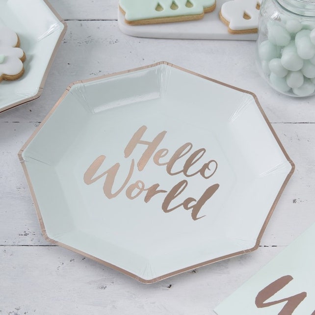 Hello World Paper Plate Baby Shower Decoration Mint And Rose Gold