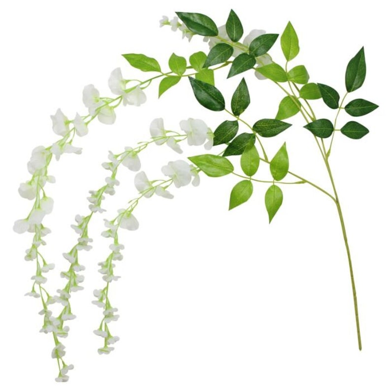 May include: Artificial wisteria vine with white flowers and green leaves. The vine is hanging down and the leaves are spread out.