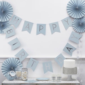 Baby Blue And Silver Foil Happy Birthday Bunting Blue And Etsy